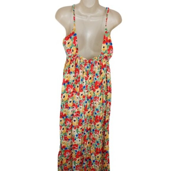 In April 1986 Womens Maxi Dress Orange Yellow Lurex Floral Ruffle Empire Waist S - Picture 5 of 6